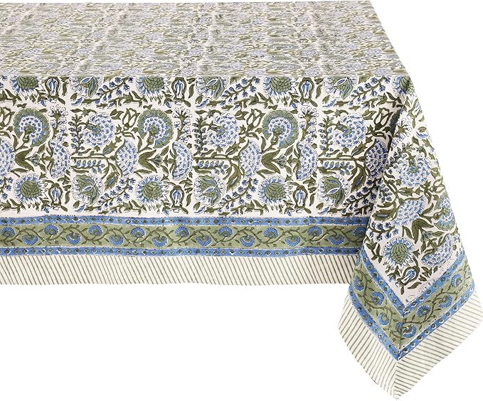 ATOSII Clover Blue 100% Cotton Rectangle Tablecloth, Handblock Floral Print Linen Table Cloth for Kitchen Dining I Parties, Outdoors, Fall Christmas Thanksgiving Holidays I 72 X 108 Inches I 8 Seater