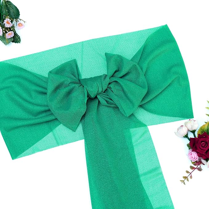 VDS Pack of 75, Emerald, Sheer Chiffon Chair Sashes Bows Chair Cover Back Tie Ribbon for Wedding Birthday Baby Shower Engagement Ceremony Event Party Banquet Restaurant Dining Chair Decoration