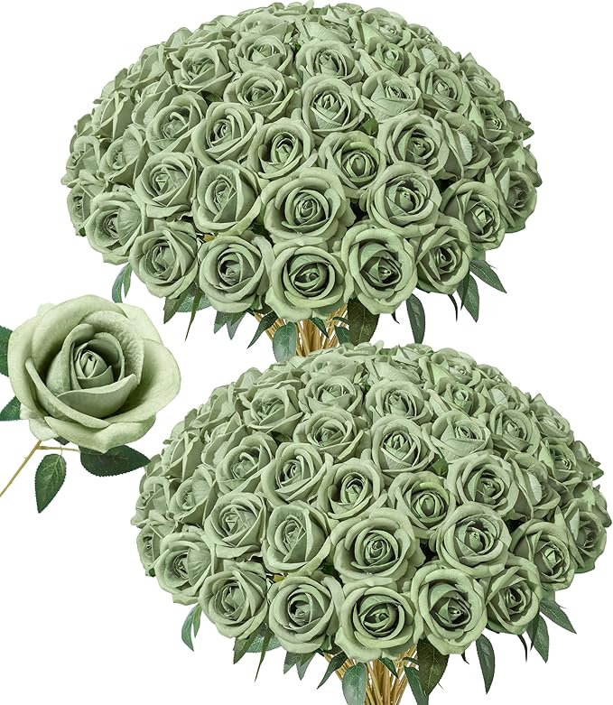 50 PCS Green Roses Artificial Flowers, Fake Roses with Stem Realistic Silk Roses for DIY Wedding Bouquets Tables Centerpieces Arrangements Baby Shower Birthday Home Decor Valentine's Day Gift for Her