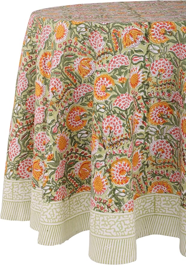 ATOSII Clover Green 100% Cotton Round Tablecloth, Hand Block Print Floral Table Cloth for Kitchen Dining Linen I Parties, Weddings, Holidays, Christmas, Thanksgiving I Fall Home Decor 60" Inches Round