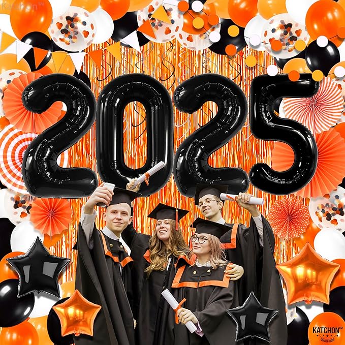 KatchOn, 2025 Orange and Black Graduation Balloon Arch Kit 2025 - Huge, Pack of 168 | Grad Decor 2025 | Orange Fringe Backdrop | Graduation Decorations 2025, Grad Party Decorations