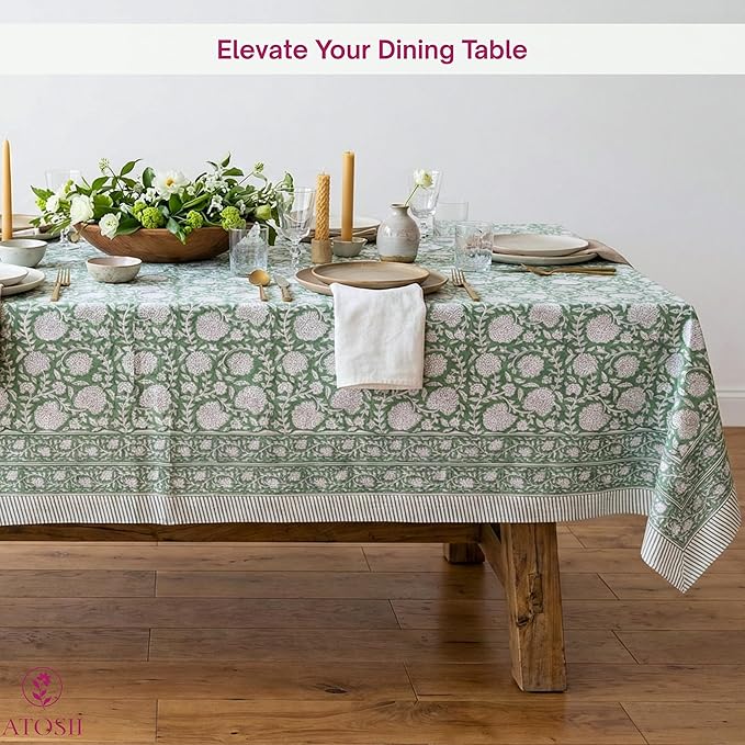 ATOSII Shalimar Green 100% Cotton Spring Summer Tablecloth, Handblock Print Rectangle Table Cover for Dining, Parties, Wedding, Outdoors, Easter Table Cloth I 72 X 140 Inches I 12 Seater