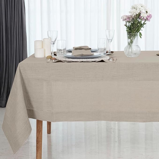 D'Moksha Homes Natural Linen Tablecloth 60 x 120 Inch - 100% Pure Linen Hemstitch Tablecloth for Rectangle Tables - Classic Hemstitch, Machine Washable Table Cloth for Valentines, Spring, Easter