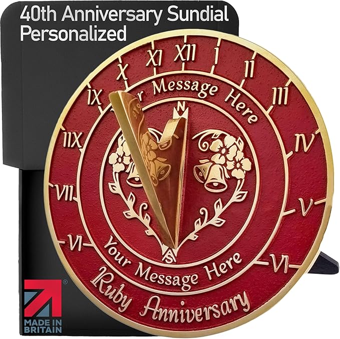 The Metal Foundry Personalized Ruby 40th Large Sundial - Recycled Brass Home Decor Or Garden Present Idea Made in The UK for Parents, Grandparents, Friends, Couples 40 Years Marriage