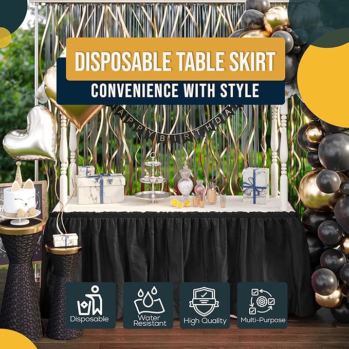 Exquisite Ruffle Table Skirt Black Pack Of 12, 14 Ft Long Table Skirts for Rectangle Tables 6ft Plus or Round Tables Skirts with Adhesive Strip for Gender Reveal Decor & Happy Birthday Parties