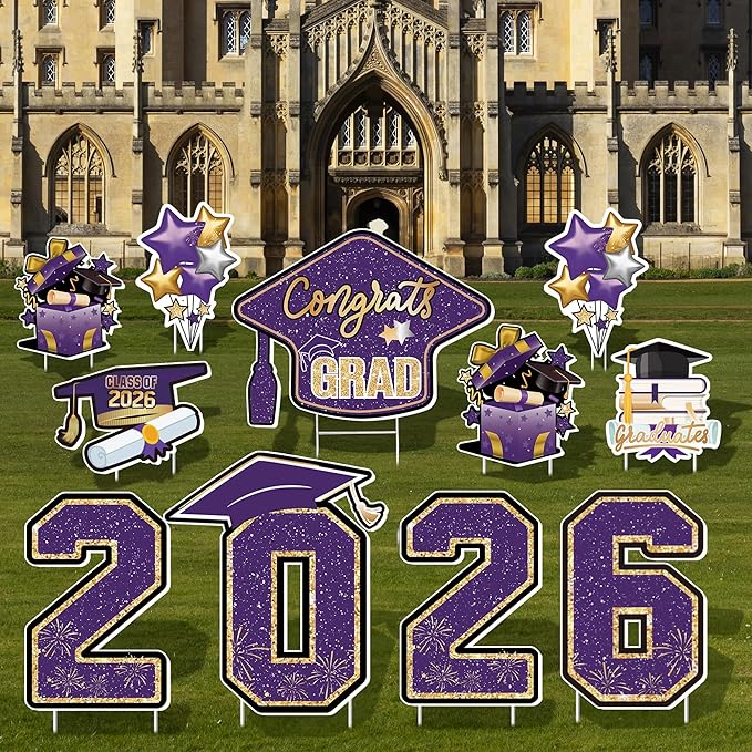 Large 11 PCS Graduation Yard Signs, Class of 2026 Congrats Grad Outdoor Lawn Yard Sign with Stakes, Graduate Yard Decorations for College High School Party, Purple and Gold