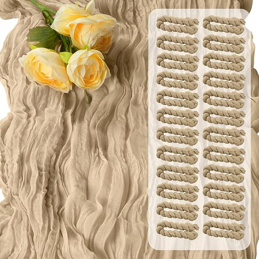 16Packs Champagne Cheesecloth Table Runner – Boho Gauze Vintage Table Decor, 120 Inch Long Rustic Cloth Runner for Wedding, Bridal Shower, Birthday, Romantic Party 10Ft (Champagne, 24" x 120"-16Packs)