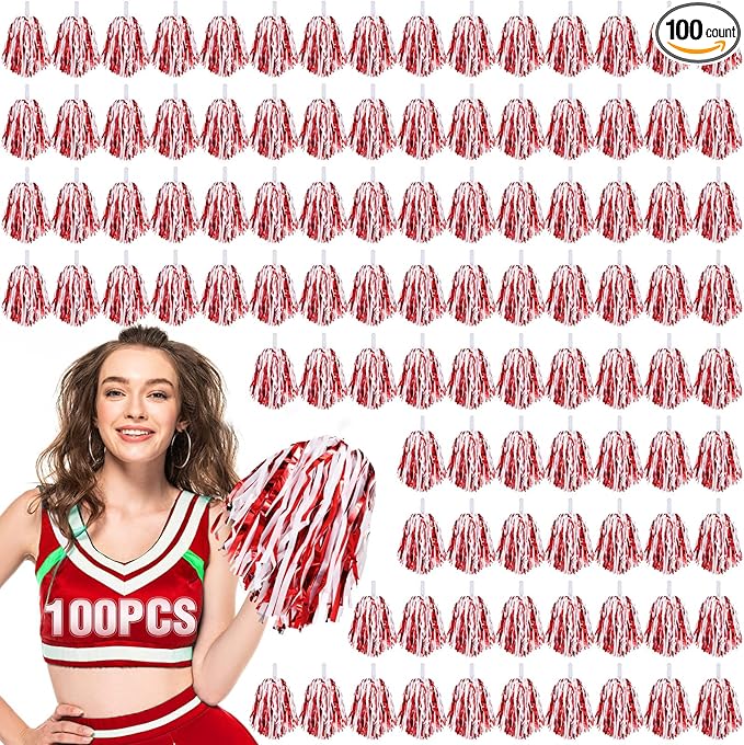 Hanaive 100Pcs Metallic Cheerleading Pom Poms with Baton Handle Cheerleader Pompom Foil 30g Cheering Squad Hand Flowers for Adults Team Spirit Sports Party Cheering