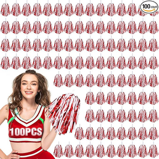 Hanaive 100Pcs Metallic Cheerleading Pom Poms with Baton Handle Cheerleader Pompom Foil 30g Cheering Squad Hand Flowers for Adults Team Spirit Sports Party Cheering