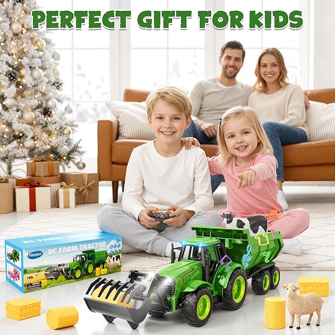 Funwee RC Farm Tractor Toy w/Light & Music, Kid Truck Toy w/Front Loader & Farm Animal, 2.4GHz RC Tractor Trailer Car Vehicle Toy for Boy Girl Age 3 4 5 6 7+ Year Old Christmas Birthday Gift (Green)