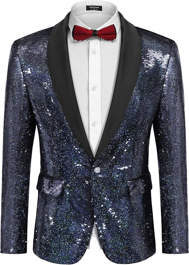 COOFANDY Mens Shiny Sequin Blazer Tuxedo Party Dinner Prom One Button Suit Jacket
