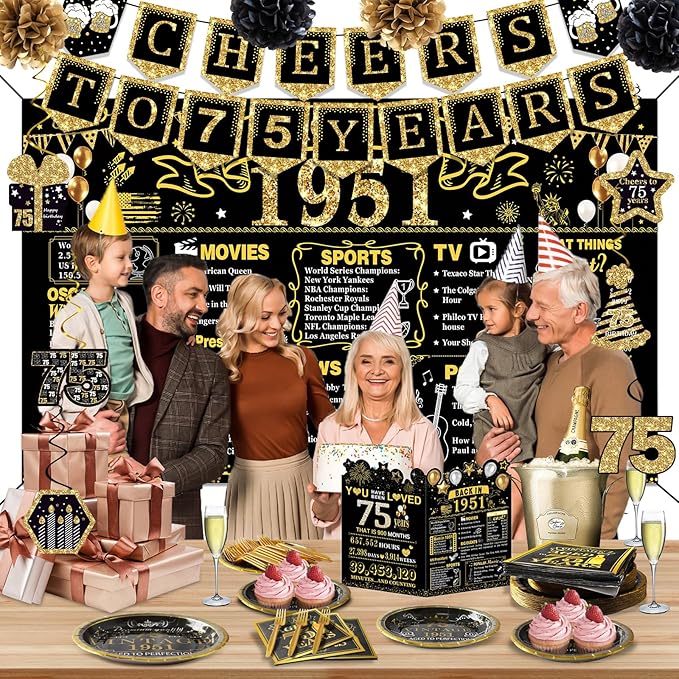75th Birthday Decorations for Men Women, 103 PCS Back in 1951 Decorations, Vintage 75th Birthday Party Tableware Set for men,Backdrops,Card, Banner, Paper Poms,Hanging Swirl, Tableware for 24 Guests