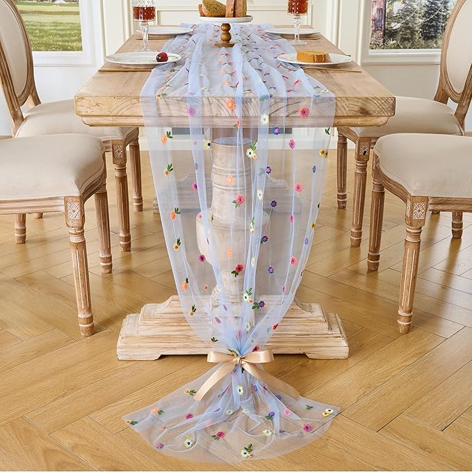 6PCS Blue Floral Table Runner 10 FT, Embroidery Daisy Table Runners Seasonal Spring Summer Sheer Tulle Dining Table Decor for Home Party Birthday Decor 29x120 Inch ﻿