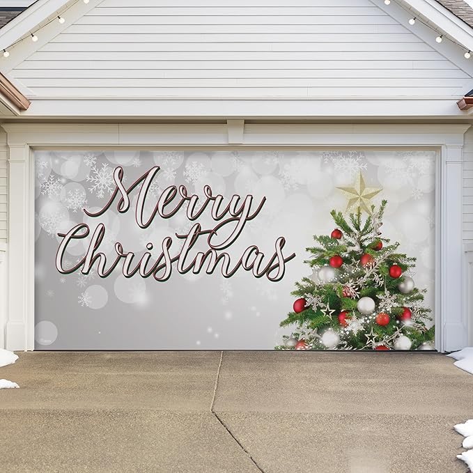 7' x 16' Joyful Merry Christmas Tree Garage Door Banner - Designed to Move with Door | Festive Holiday Cheer Double Garage Door Decoration