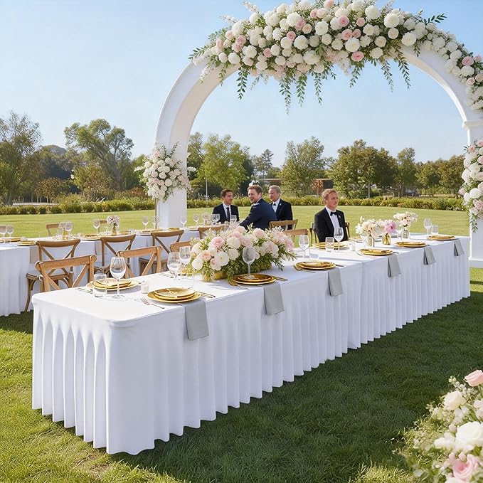 4 Packs White Tableclothes for 6 Foot Rectangle Tables, Wrinkle Resistant Fitted Table Cloth Stretch Spandex Table Covers with Skirt for Event Banquet Wedding Birthday Party