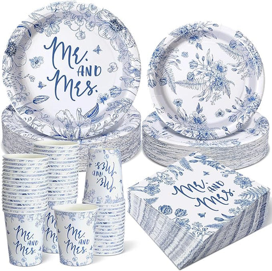 Zhehao 250 Pcs Mr. and Mrs. Bridal Shower Plates Napkins Sets 50 Pcs 9'' Dinner Plates and 7'' Dessert Plate and 9oz Cups 100 Napkins Serves 50 Party Supplies Bridal Shower Engagement Decoration