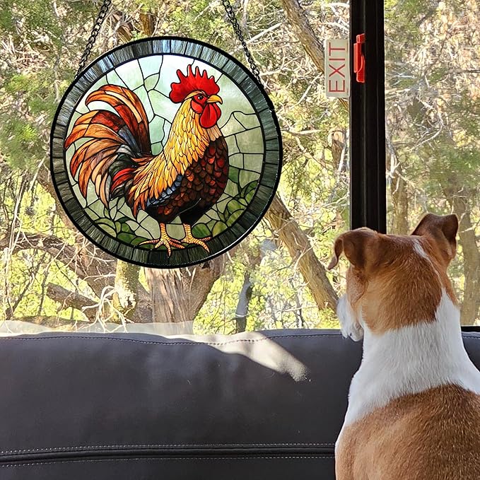 Stained Glass Window Hanging - Rooster Suncatcher for Doors Garden Patio Retro Colored Chicken Sun Catchers Decor Christmas Mother's Day Birthday Gifts for Women Men Mom Nana Friend 15 in