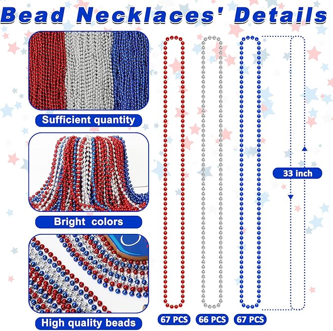 200 PCS Beads Necklace, 33" Metallic Patriotic Necklace, Red Blue Silver Fourth of July Beads Accessories Party Supplies for Adult 4th of July Independence Day Memorial Day Veterans Day