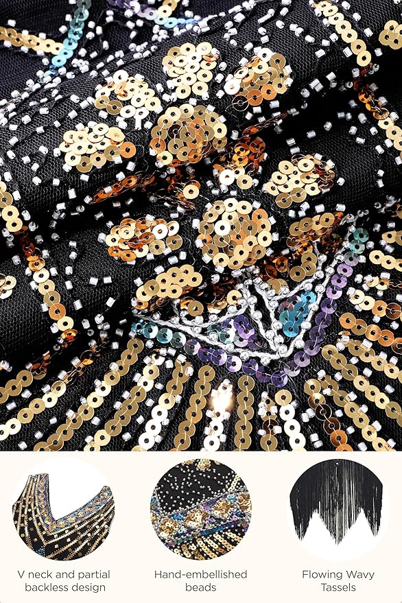 BABEYOND Women's Plus Size Flapper Dresses 1920s V Neck Beaded Fringed Great Gatsby Dress