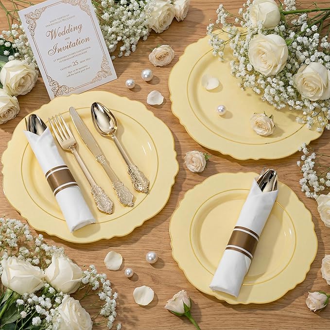 Liacere 350PCS Yellow Plastic Plates - Yellow Disposable Plates With Gold Rim-50Guest Baroque Plastic Dinnerware include 100 Plates,50 Pack Pre Rolled Napkins with Silverware 50Cups for Wedding＆Easte