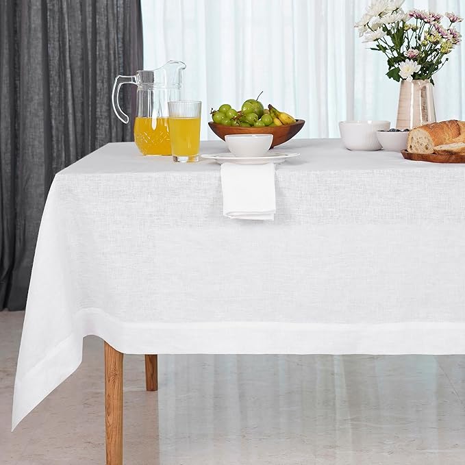 D'Moksha Homes White Linen Tablecloth 60 x 156 Inch - 100% Pure Linen Tablecloth for Rectangle Tables - Machine Washable Table Cloth for Valentines, Spring, Easter