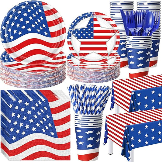 452 Pcs Party Supplies Serve 50 Guests, Paper Plates Napkins Cups Cutlery Plastic Tablecloth Dinnerware for Birthday Wedding Party Decoration(Red White Blue,American Flag)