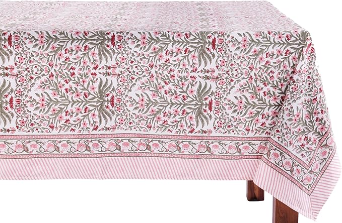 ATOSII Nargis Pink 100% Cotton Square Boho Spring Tablecloth, Handblock Floral Table Cloth Linen for Kitchen Dining I Parties Wedding Outdoors Easter Holidays Home Decor 60 X 60 Inches I 4 Seater