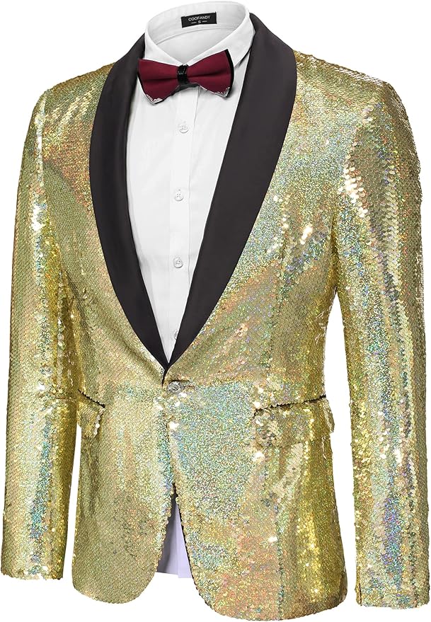 COOFANDY Mens Shiny Sequin Blazer Tuxedo Party Dinner Prom One Button Suit Jacket