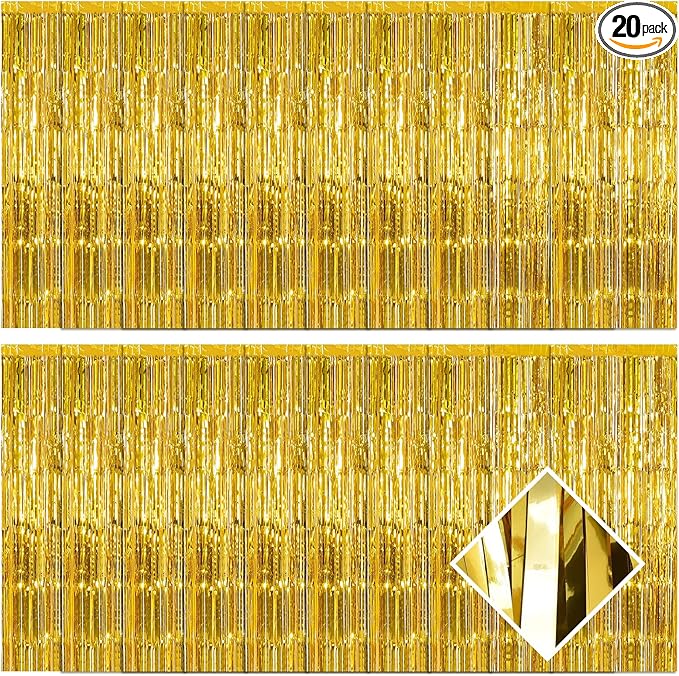 20 Pack Gold Foil Fringe Curtains 3.2ft x 9.8ft Gold Foil Curtain Backdrop Metallic Tinsel Curtains Streamer Photo Booth Backdrop for Birthday Party Engagement Bachelorette Party Decorations
