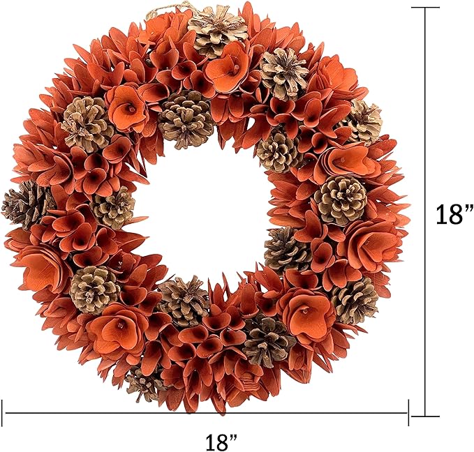 Galt International 18" Natural Woodchip Pinecone Fall Wreath for Front Door - Beautiful Indoor & Outdoor Wreath for Harvest, Thanksgiving, Autumn - Rustic Home Decor (Orange)
