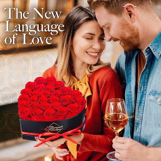 GLAMOUR BOUTIQUE 27 Flower Forever Heart Shape Box, Eternal Preserved Roses Gift for Her, Lasting Flowers, Premium Floral Heart Box for Birthday, Anniversary or Valentine’s Day, Red (Color-Treated)