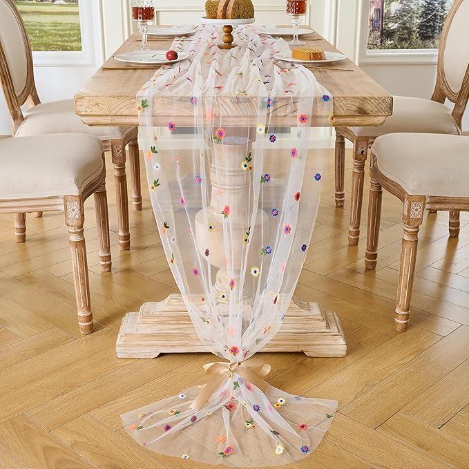 6PCS Lvory Floral Table Runner 10 FT, Embroidery Daisy Table Runners Seasonal Spring Summer Sheer Tulle Dining Table Decor for Home Party Birthday Decor 29x120 Inch ﻿