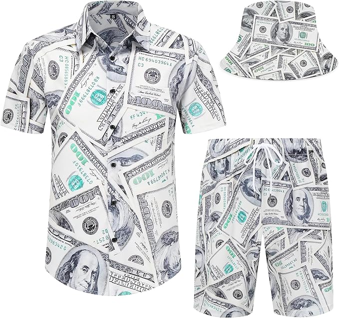 Mens Hawaiian Shirts and Shorts Set 2 Pieces Beach Outfits Sets with Bucket Hats