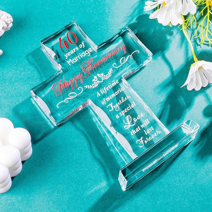 YWHL 40th Wedding Anniversary Cross Gifts for Parents, 40 Years of Marriage Glass Standing Cross Keepsake for Couple, 40 Years Aniversary Decorations for Home Party
