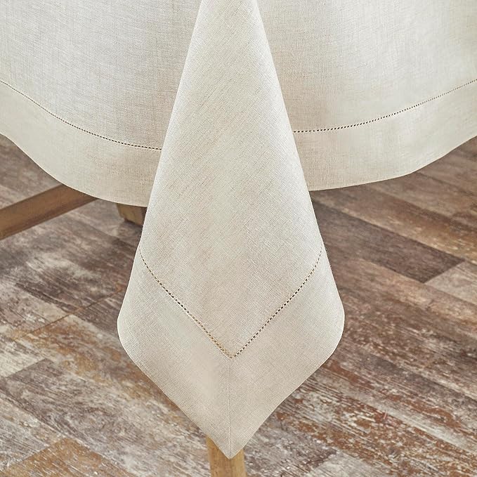 D'Moksha Homes Light Natural Linen Tablecloth 60 x 156 Inch - 100% Pure Linen Natural Tablecloth for Rectangle Tables - Classic Hemstitch, Machine Washable Table Cloth for Valentines, Spring, Easter