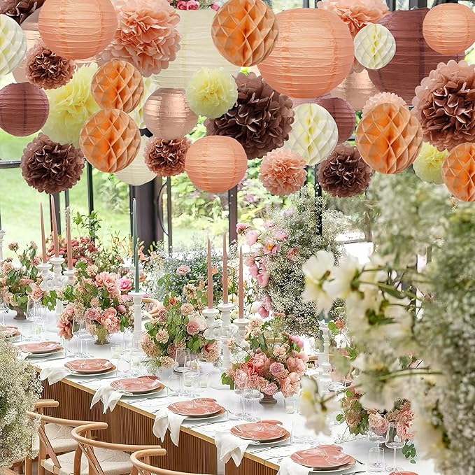 WOLHOWLTD Rose Gold Paper Decoration Set - 36 Pcs Paper Lanterns Pompoms Honeycomb for Wedding, Valentine's,Single Party,Bridal Shower,Birthday Home Garden Decoration(Rose Gold Coffee Peach Beige)