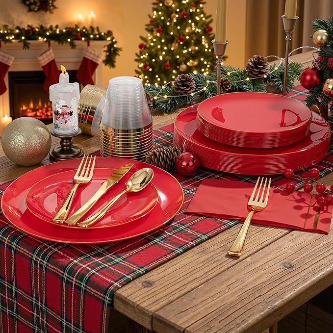 NOCCUR 350PCS Red Plastic Plates - Disposable Red Gold Dinnerware Set for 50 Guests, 100 Dinner/Dessert Plates, 150 Gold Silverware, 50 Cups&50 Napkins for Party/Wedding/Valentines Day