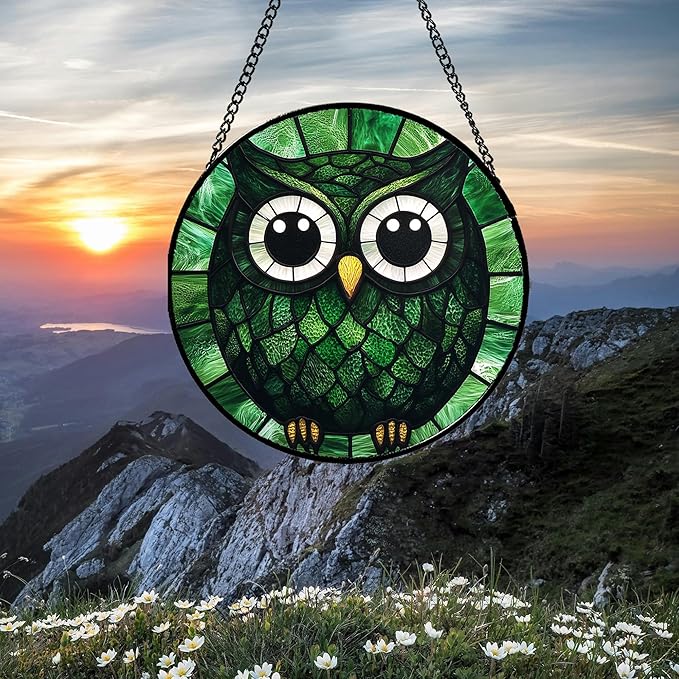 Stained Glass Window Hanging - Green Owl Suncatcher for Doors Garden Patio Funny Bird Sun Catchers Decor Christmas Mother's Day Birthday Teenager Gifts for Women Men Mom Nana Friend 15 in