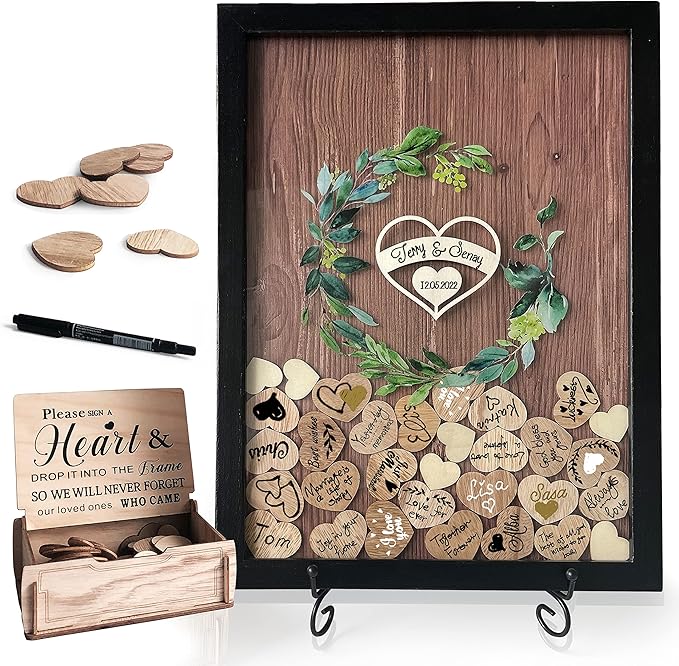 Y&K Homish Wedding Guest Book Alternative, Rustic Wedding Decorations for Reception, Favors for Guests 80 Hearts Green Wreath (Black)