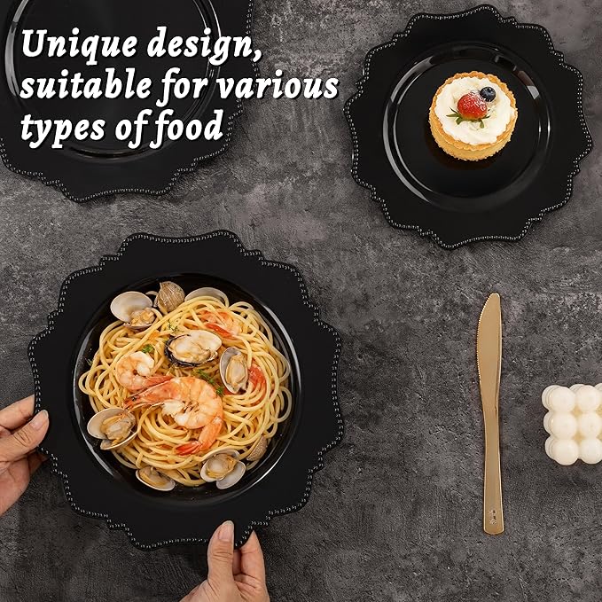 COLOSUS 60pcs Black Plastic Party Dinner Plates - 9.5 Inch- Heavy Duty Disposable Plastic Dinner Plates for Party Wedding Birthday and Everyday Use