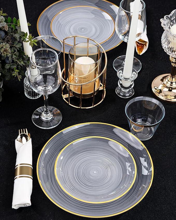Morejoy 175PCS Clear Gold Plastic Plates - Disposable Gold Party Plates & Pre Rolled Napkins with Cutlery for 25 Guests, 50Plates, 75Silverware, 25Cups, 25Napkin for Party & Thanksgiving