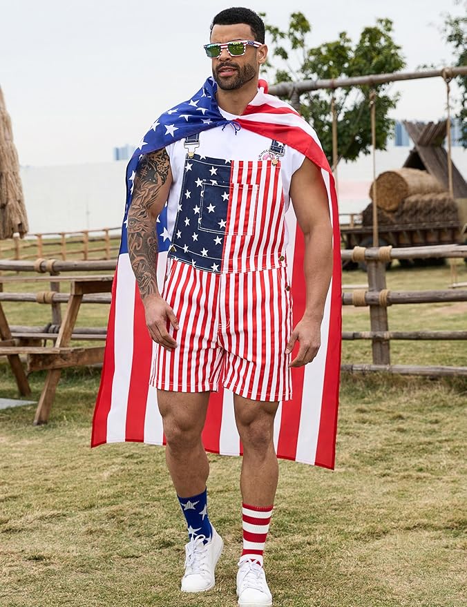 Bindefon American Flag Overalls Men,4th of July Cape,USA Sunglasses,Patriotic Socks,4 Pcs for Independence Labor Day