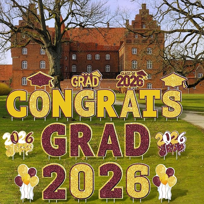 ANVAVO 2026 Congrats Grad Yard Signs Graduation Waterproof Decorations Graduation Yard Sign Decorations Grad Party Outdoor Lawn Decor with Stakes, Maroon and Gold