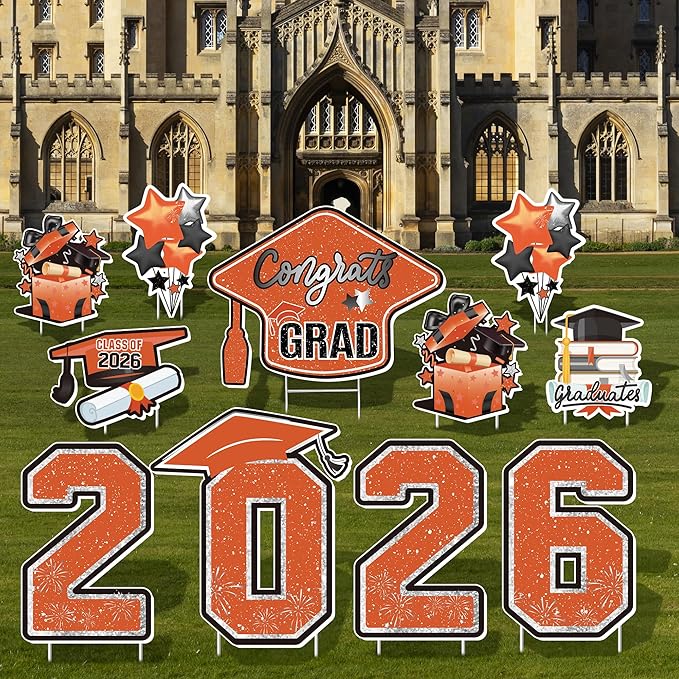 Large 11 PCS Graduation Yard Signs, Class of 2026 Congrats Grad Outdoor Lawn Yard Sign with Stakes, Graduate Yard Decorations for College High School Party, Orange