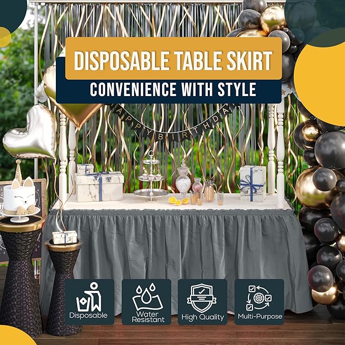 Exquisite Ruffle Table Skirt Silver Pack Of 12, 14 Ft Long Table Skirts for Rectangle Tables 6ft Plus or Round Tables Skirts with Adhesive Strip for Gender Reveal Decor & Happy Birthday Parties