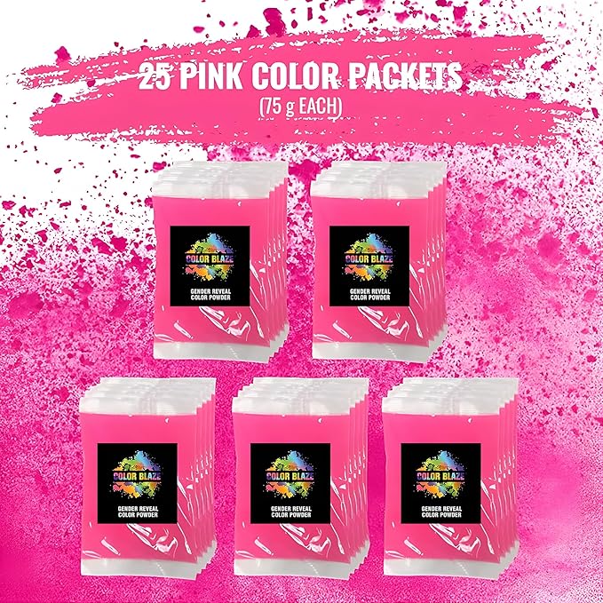 Color Blaze Baby Gender Reveal Color Powder Packets - 75 g Each - 25 Packs of Pink Colored Powder for Girl - For Car & Motorcycle Burnout, Exhaust, Color Toss, Photoshoot, Party & Festival - Pink