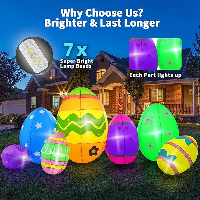 7FT Easter Inflatables Outdoor Decorations Giant Easter Eggs, Bright LED Lights Colorful Easter Blow Up Decor for Yard Indoor Outside Party Home Lawn Garden Porch Holiday