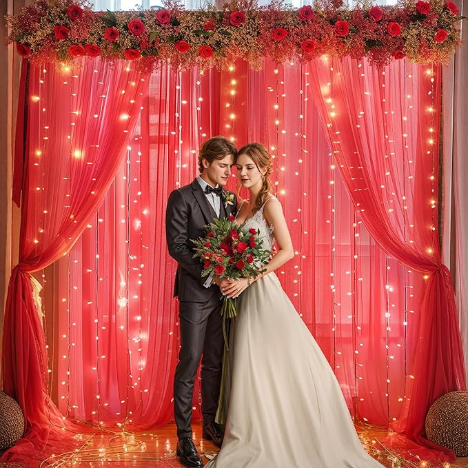 10x10ft Red Tulle Backdrop Curtain with Lights String for Parites, Sheer Photo Backdrop Curtains with Lights for Valentines Wedding Backdrop Ceremony Reception Bridal Baby Shower Birthday Party