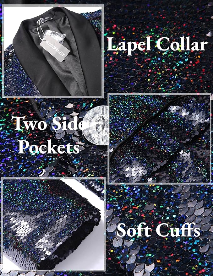 COOFANDY Mens Shiny Sequin Blazer Tuxedo Party Dinner Prom One Button Suit Jacket