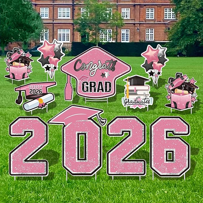 Large 11 PCS Graduation Yard Signs, Class of 2026 Congrats Grad Outdoor Lawn Yard Sign with Stakes, Graduate Yard Decorations for College High School Party, Pink